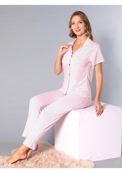 Boydan Düğmeli Kısa Kollu Gömlek Pijama Takımı - Yazlık Puan Desenli Yumuşak Milan Kumaş - Poppy 58-04