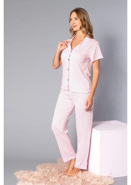 Boydan Düğmeli Kısa Kollu Gömlek Pijama Takımı - Yazlık Puan Desenli Yumuşak Milan Kumaş - Poppy 58-04 fiyatları