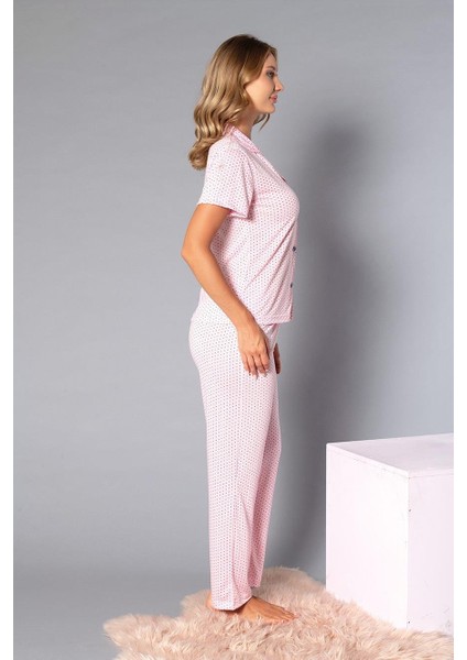 Boydan Düğmeli Kısa Kollu Gömlek Pijama Takımı - Yazlık Puan Desenli Yumuşak Milan Kumaş - Poppy 58-04 fırsatları