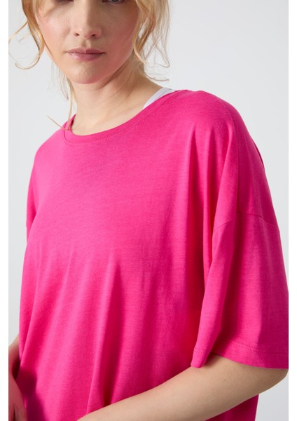 Fuşya Penye Modal Yumuşak Tuşeli Oversize Fit Basic Kadın T-Shirt- 97285 modelleri