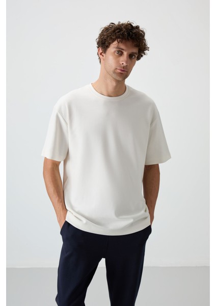 Ekru - Lacivert Pamuklu Kalın Yumuşak Dokulu Oversize Fit Basic Erkek Eşofman Takım - 85251 fırsatları