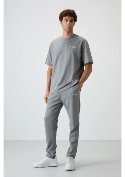 Gri Melanj Pamuklu Kalın Yumuşak Dokulu Oversize Fit Nakışlı Erkek Eşofman Takım - 85252