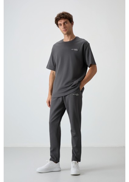 Haki Pamuklu Kalın Yumuşak Dokulu Oversize Fit Nakışlı Erkek Eşofman Takım - 85252