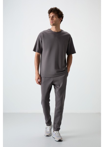 Koyu Gri Pamuklu Kalın Yumuşak Dokulu Oversize Fit Basic Erkek Eşofman Takım - 85251