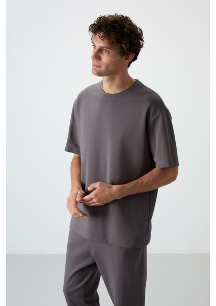 Koyu Gri Pamuklu Kalın Yumuşak Dokulu Oversize Fit Basic Erkek Eşofman Takım - 85251 fiyatları