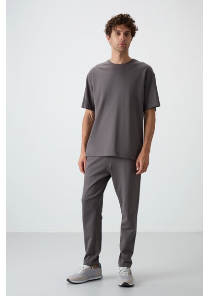 Koyu Gri Pamuklu Kalın Yumuşak Dokulu Oversize Fit Basic Erkek Eşofman Takım - 85251 modelleri