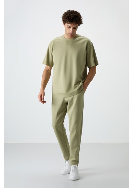 Açık Çağla Pamuklu Kalın Yumuşak Dokulu Oversize Fit Basic Erkek Eşofman Takım - 85251