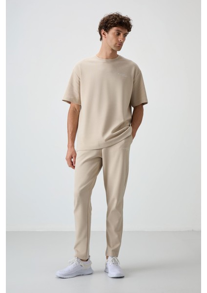 Bej Pamuklu Kalın Yumuşak Dokulu Oversize Fit Nakışlı Erkek Eşofman Takım - 85252