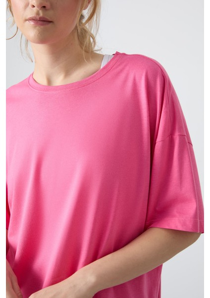 Şeker Pembe Penye Modal Yumuşak Tuşeli Oversize Fit Basic Kadın T-Shirt- 97285 modelleri