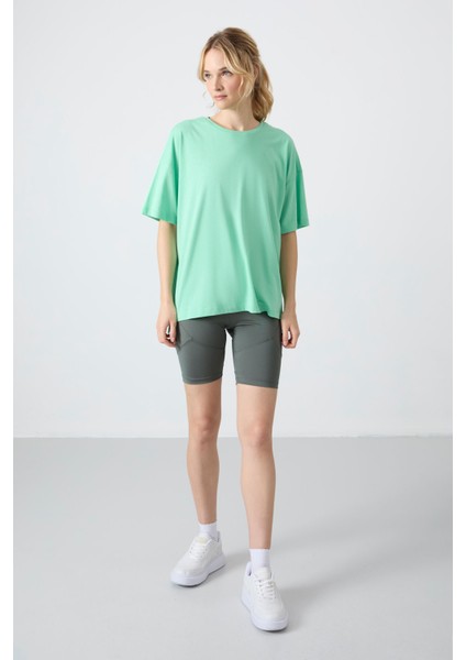 Su Yeşili Penye Modal Yumuşak Tuşeli Oversize Fit Basic Kadın T-Shirt- 97285 fiyatları