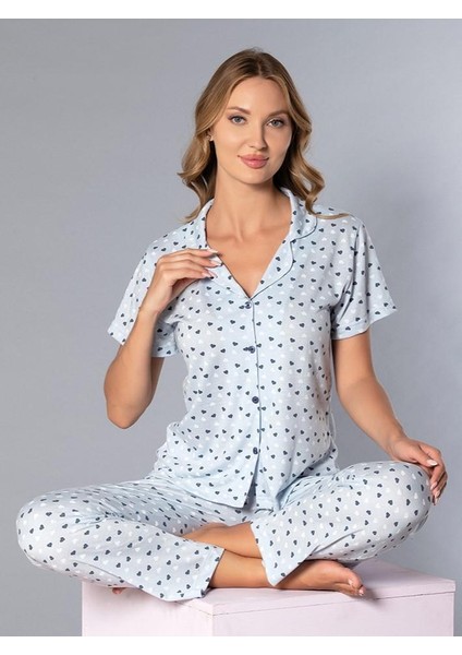 Boydan Düğmeli Kısa Kollu Gömlek Pijama Takımı - Yazlık Kalp Desenli Yumuşak Milan Kumaş - Poppy 58-08