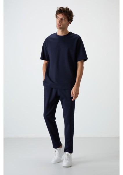 Lacivert Pamuklu Kalın Yumuşak Dokulu Oversize Fit Basic Erkek Eşofman Takım - 85251