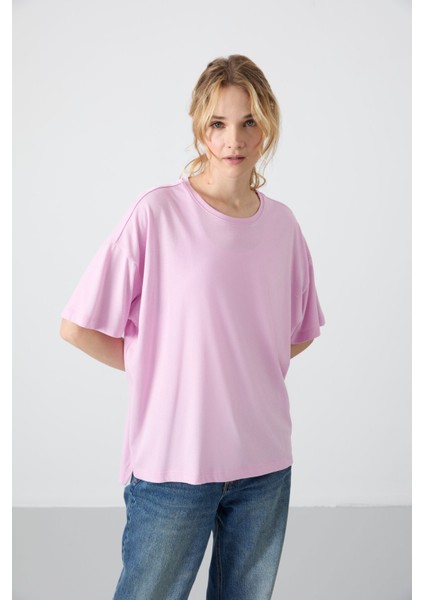 Pembe Penye Modal Yumuşak Tuşeli Oversize Fit Basic Kadın T-Shirt- 97285