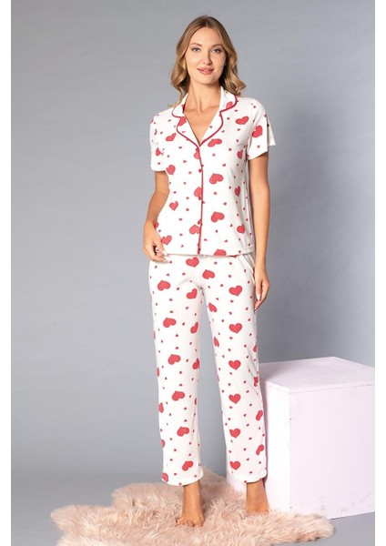 Boydan Düğmeli Kısa Kollu Gömlek Pijama Takımı - Yazlık Kalp Desenli Yumuşak Milan Kumaş - Poppy 58-06