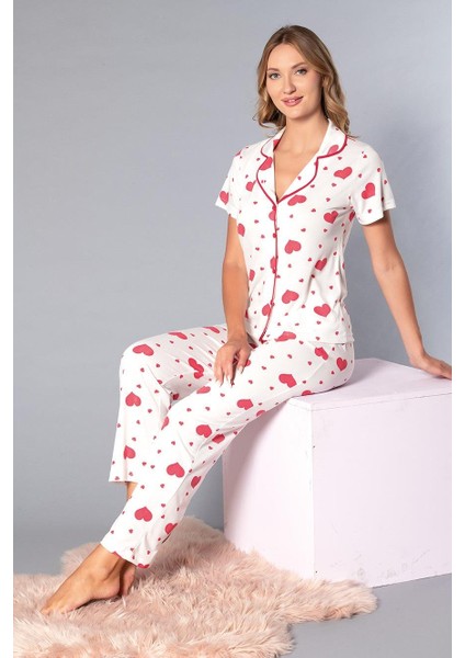 Boydan Düğmeli Kısa Kollu Gömlek Pijama Takımı - Yazlık Kalp Desenli Yumuşak Milan Kumaş - Poppy 58-06 fiyatları