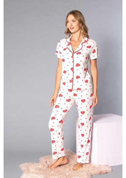 Boydan Düğmeli Kısa Kollu Gömlek Pijama Takımı - Yazlık Kalp Desenli Yumuşak Milan Kumaş - Poppy 58-06 modelleri
