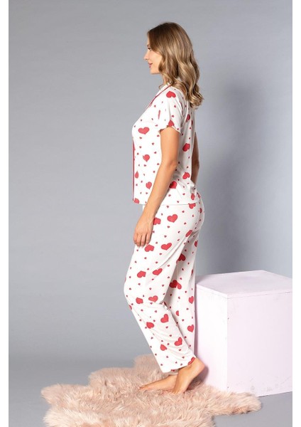 Boydan Düğmeli Kısa Kollu Gömlek Pijama Takımı - Yazlık Kalp Desenli Yumuşak Milan Kumaş - Poppy 58-06 fırsatları