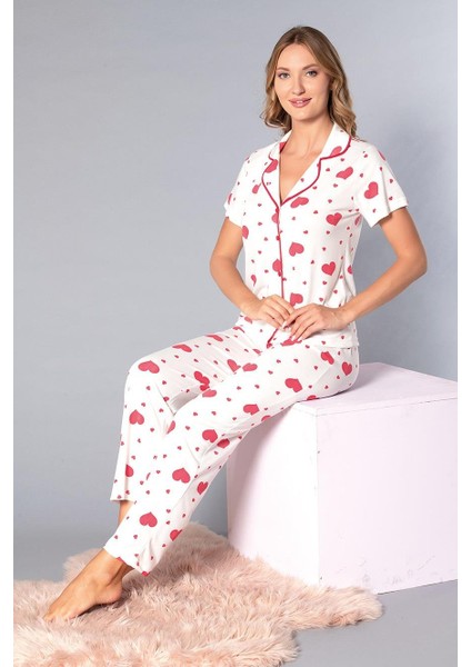 Boydan Düğmeli Kısa Kollu Gömlek Pijama Takımı - Yazlık Kalp Desenli Yumuşak Milan Kumaş - Poppy 58-06 indirimleri