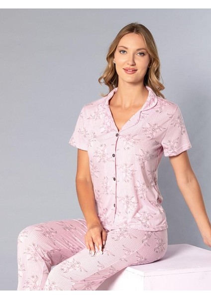 Boydan Düğmeli Kısa Kollu Gömlek Pijama Takımı - Yazlık Çiçek Desenli Yumuşak Milan Kumaş - Poppy 58-03