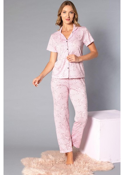 Boydan Düğmeli Kısa Kollu Gömlek Pijama Takımı - Yazlık Çiçek Desenli Yumuşak Milan Kumaş - Poppy 58-03 fiyatları