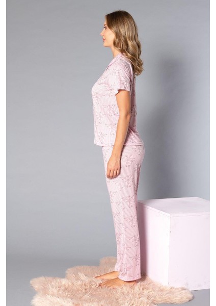 Boydan Düğmeli Kısa Kollu Gömlek Pijama Takımı - Yazlık Çiçek Desenli Yumuşak Milan Kumaş - Poppy 58-03 modelleri