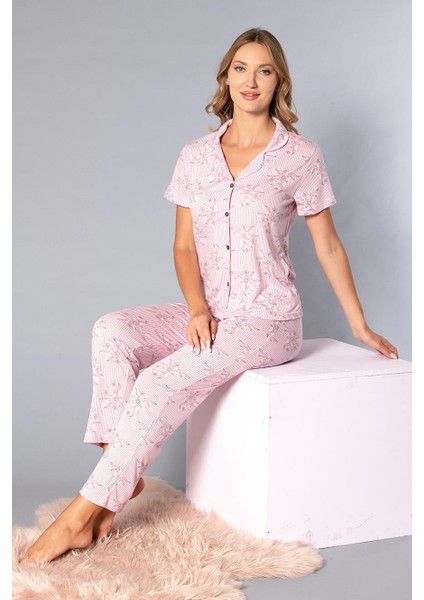 Boydan Düğmeli Kısa Kollu Gömlek Pijama Takımı - Yazlık Çiçek Desenli Yumuşak Milan Kumaş - Poppy 58-03 fırsatları