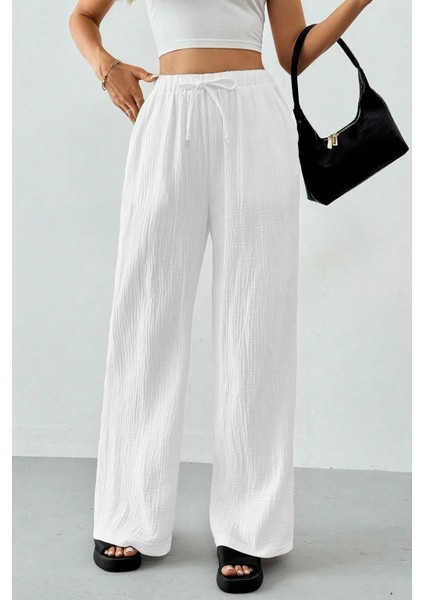 Kadın %100 Cotton Müslin Ultra Hafif Palazzo Model Geniş Paça Keten Karışım Pantolon