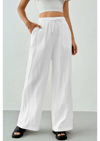 Kadın %100 Cotton Müslin Ultra Hafif Palazzo Model Geniş Paça Keten Karışım Pantolon fiyatları