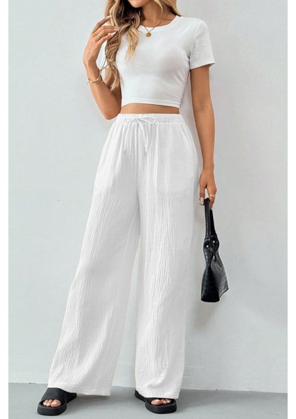 Kadın %100 Cotton Müslin Ultra Hafif Palazzo Model Geniş Paça Keten Karışım Pantolon fırsatları