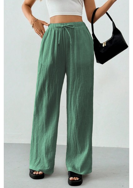 Kadın %100 Cotton Müslin Ultra Hafif Palazzo Model Geniş Paça Keten Karışım Pantolon