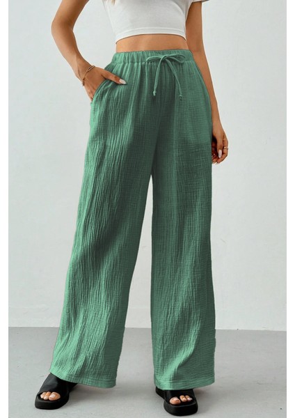 Kadın %100 Cotton Müslin Ultra Hafif Palazzo Model Geniş Paça Keten Karışım Pantolon fiyatları
