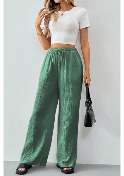Kadın %100 Cotton Müslin Ultra Hafif Palazzo Model Geniş Paça Keten Karışım Pantolon fırsatları
