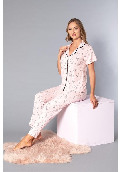 Boydan Düğmeli Kısa Kollu Gömlek Pijama Takımı - Yazlık Çiçek Desenli Yumuşak Milan Kumaş - Poppy 58-09