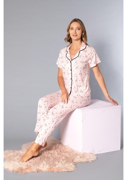 Boydan Düğmeli Kısa Kollu Gömlek Pijama Takımı - Yazlık Çiçek Desenli Yumuşak Milan Kumaş - Poppy 58-09 modelleri