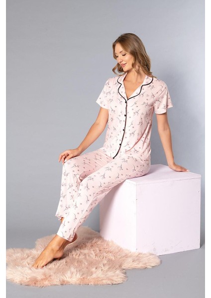 Boydan Düğmeli Kısa Kollu Gömlek Pijama Takımı - Yazlık Çiçek Desenli Yumuşak Milan Kumaş - Poppy 58-09 fırsatları