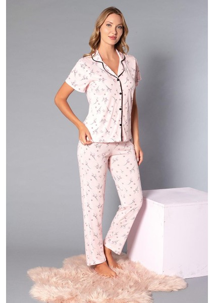 Boydan Düğmeli Kısa Kollu Gömlek Pijama Takımı - Yazlık Çiçek Desenli Yumuşak Milan Kumaş - Poppy 58-09 indirimleri