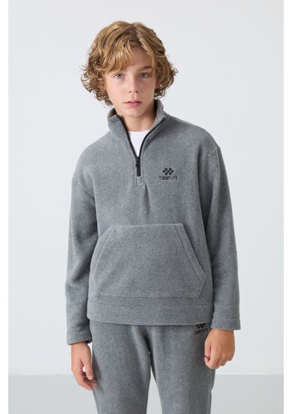 Gri Melanj Kalın Yumuşak Dokulu Standart Fit Nakışlı Polar Erkek Çocuk Eşofman Takım - 11218 fiyatları