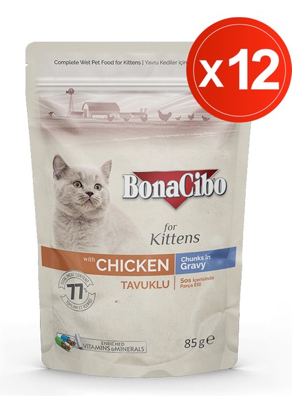 Soslu Tavuklu Pouch Yaş Yavru Kedi Maması, 85 gr x 12 Adet, Tüm Irklar Için, Doğal, Şeker Içermez