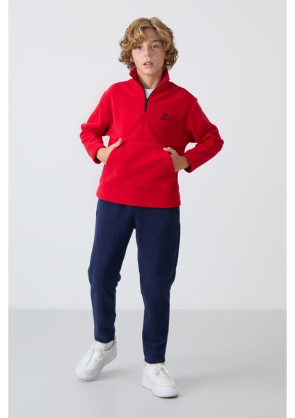 Lacivert Kalın Yumuşak Dokulu Standart Fit Nakışlı Polar Erkek Çocuk eşofman Takım - 11218 modelleri