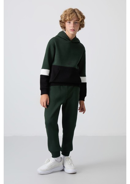 Çam Yeşil Pamuklu Kalın İçi Tüylü Yumuşak Dokulu Standart Fit Nakışlı Erkek Çocuk Eşofman Takım - 11255