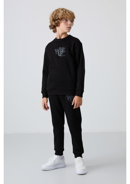 Siyah Pamuklu Kalın İçi Tüylü Yumuşak Dokulu Standart Fit Baskılı Erkek Çocuk Eşofman Takım - 11253