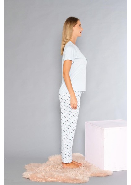 Kısa Kollu Bisiklet Yaka Pijama Takımı - Yazlık Kalp Desenli Yumuşak Milan Kumaş - Poppy 58-02 fiyatları