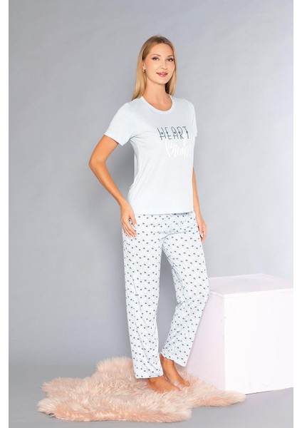 Kısa Kollu Bisiklet Yaka Pijama Takımı - Yazlık Kalp Desenli Yumuşak Milan Kumaş - Poppy 58-02 modelleri