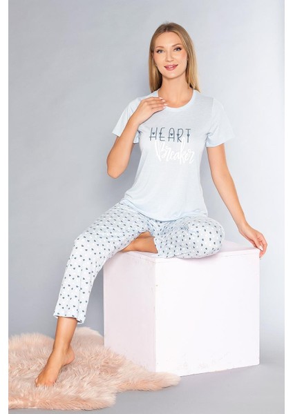 Kısa Kollu Bisiklet Yaka Pijama Takımı - Yazlık Kalp Desenli Yumuşak Milan Kumaş - Poppy 58-02 fırsatları