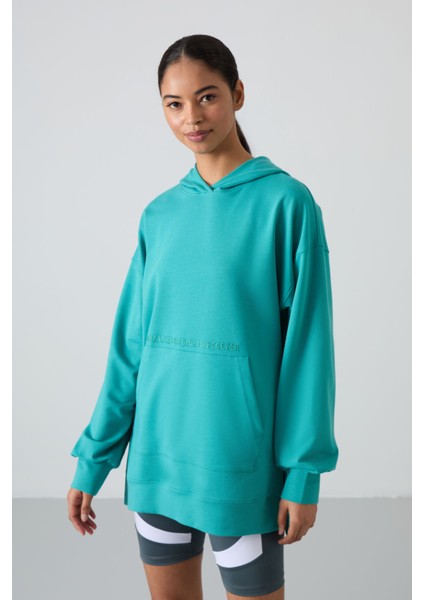 Deniz Yeşili Balon Kol Yazı Nakışlı Kadın Oversize Tunik Sweatshirt - 97163