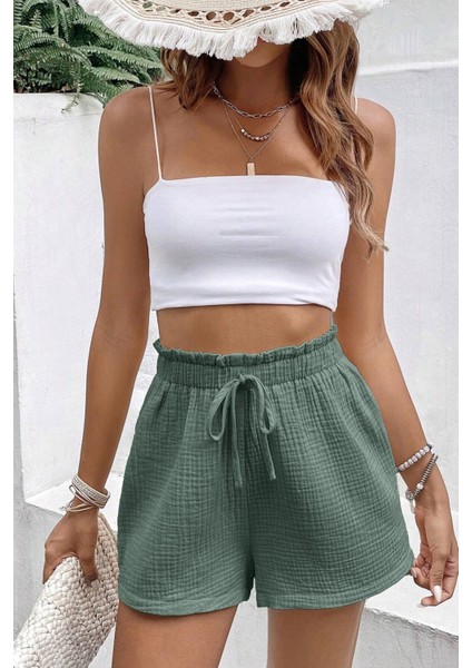 Kadın Cotton Müslin Tatil Ev Içi/dışı Kullanım Cepsiz Beli Bağcıklı Şort