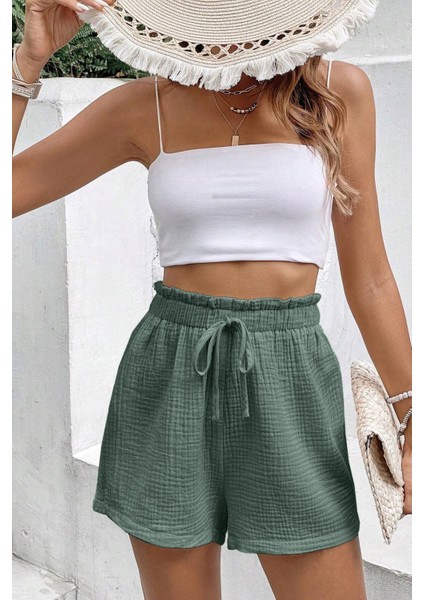 Kadın Cotton Müslin Tatil Ev Içi/dışı Kullanım Cepsiz Beli Bağcıklı Şort indirimleri