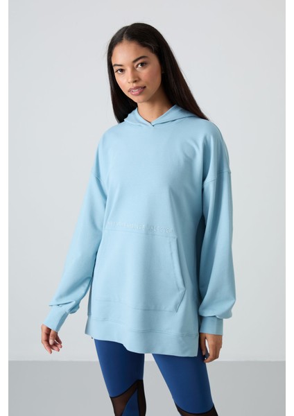 Açık Mavi Balon Kol Yazı Nakışlı Kadın Oversize Tunik Sweatshirt - 97163