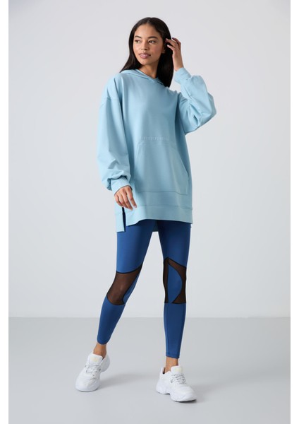 Açık Mavi Balon Kol Yazı Nakışlı Kadın Oversize Tunik Sweatshirt - 97163 fiyatları