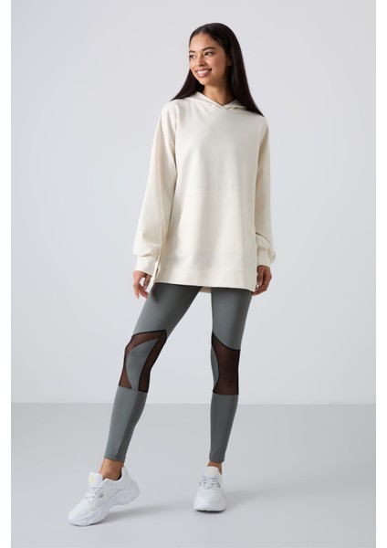 Ekru Balon Kol Yazı Nakışlı Kadın Oversize Tunik Sweatshirt - 97163 fiyatları